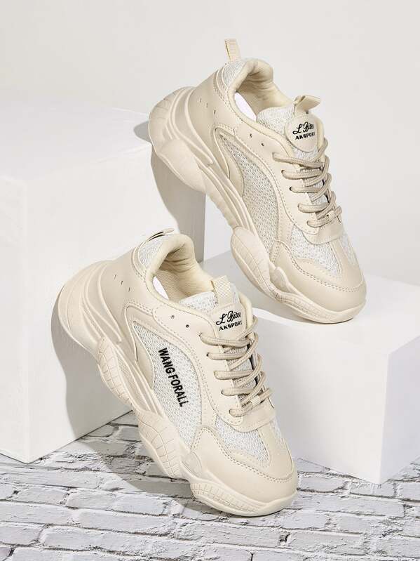 

Lace-up Front Letter Print Chunky Sneakers, Beige