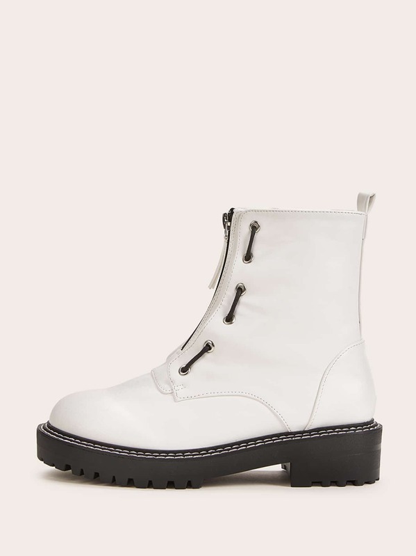 

Zip Front Decor Combat Boots, White