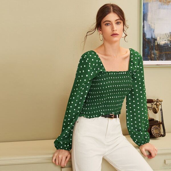 

Polka Dot Square Neck Lettuce Frill Shirred Top, Green