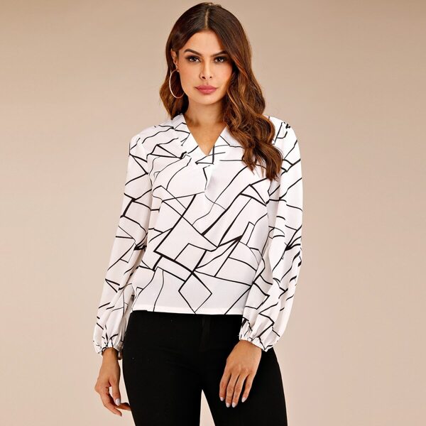 

Geo Print V-Neck Blouse, Black and white