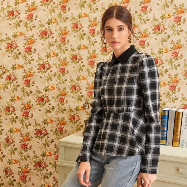 

Tartan Plaid Contrast Collar Blouse, Black