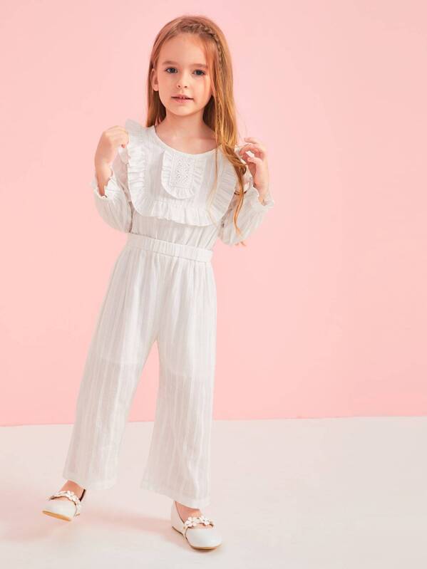 

Toddler Girls Frill Cuff Ruffle Trim Culotte Jumpsuit, White, Sofia B