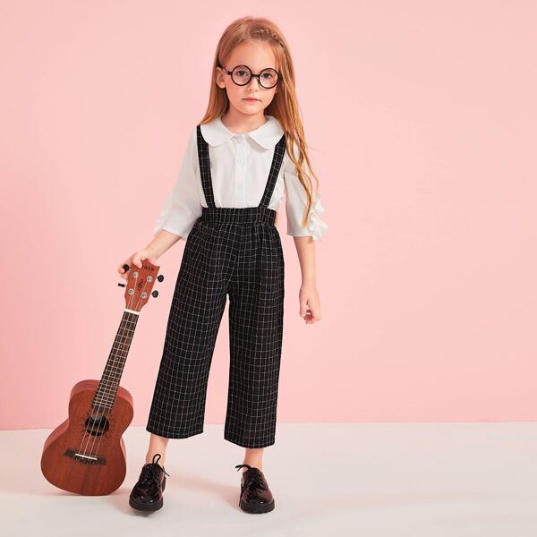 

Toddler Girls Frill Trim Peter Pan Blouse With Plaid Pants, Black and white