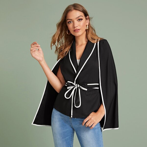 

Contrast Binding Shawl Collar Belted Blazer Cape, Black