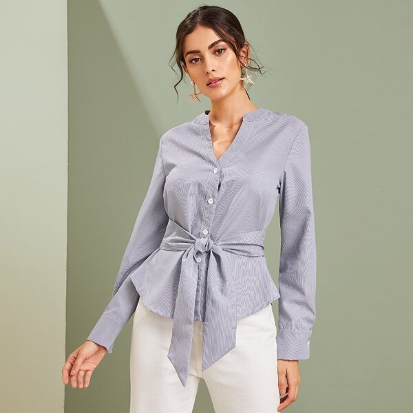 

Tie Front Notched Neck Button Front Blouse, Blue