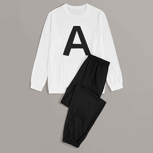 

Men Letter Print Sweatshirt & Pants PJ Set, Black and white