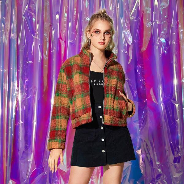 

Stand Collar Zip Up Plaid Teddy Jacket, Multicolor