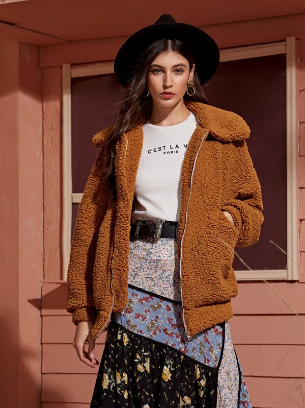 

Drop Shoulder Pocket Zipper Teddy Coat, Camel, Mila