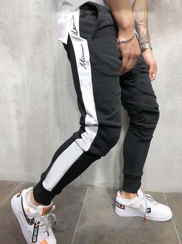 

Men Contrast Panel Drawstring Sweatpants, Black