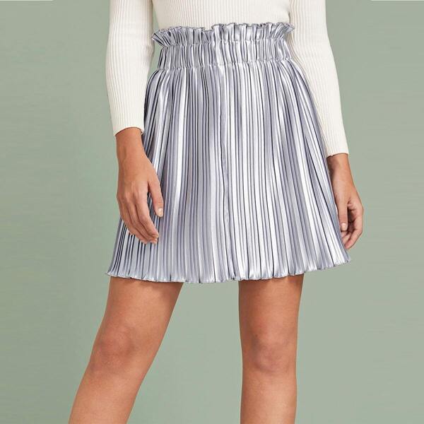 

Frill Waist Lettuce Trim Plisse Skirt, Grey