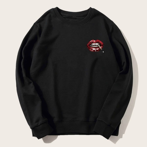 

Men Drop Shoulder Lip Print Sweatshirt, Black