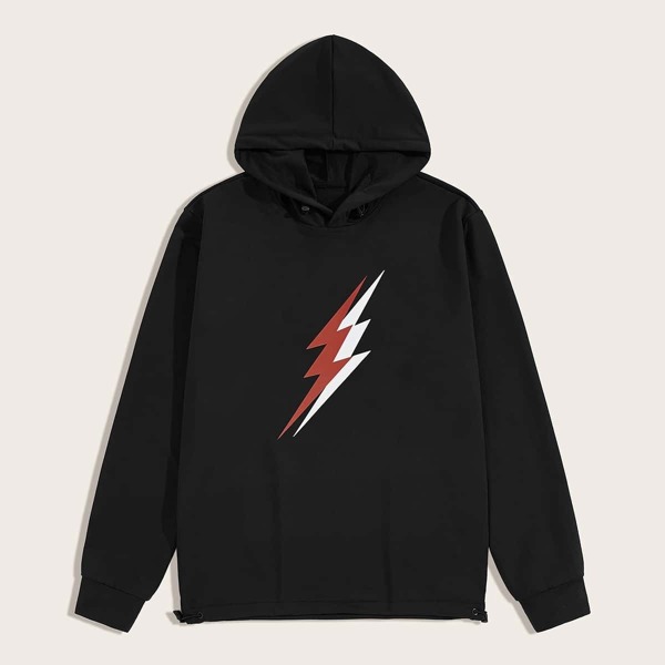 

Men Lightning Print Drawstring Hoodie, Black