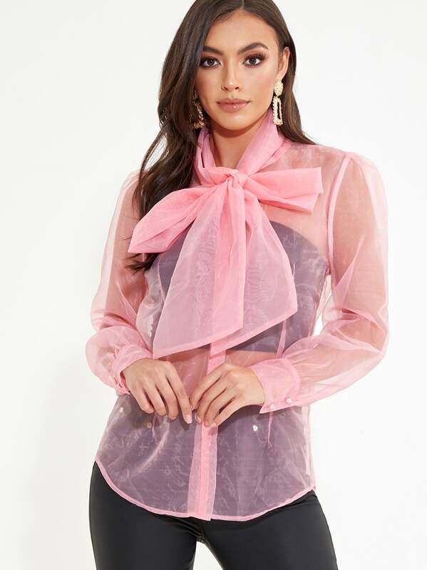 

Organza Pussybow Blouse Without Bandeau, Pink, Nicole