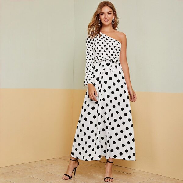 

One Shoulder Polka Dot Belted Dress