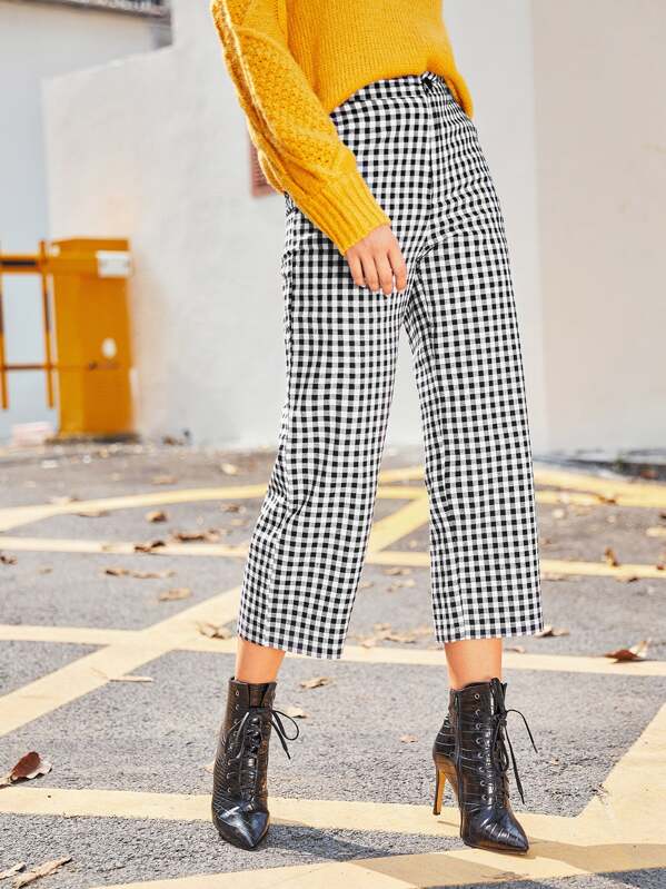 

Gingham Print Straight Leg Pants, Black and white, Vlada