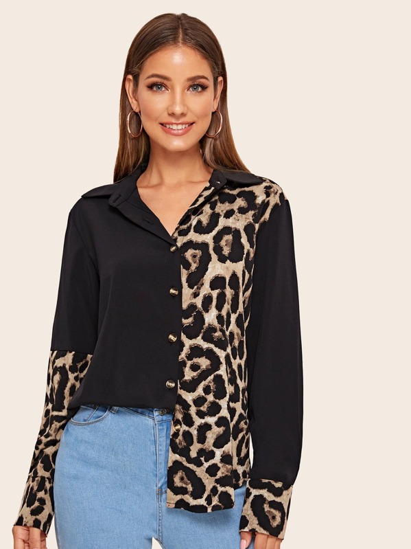 

Contrast Leopard Button Through Blouse, Black, Debi