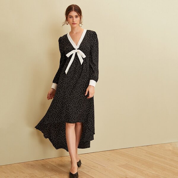 

Polka Dot V-Neck Tie Front Asymmetrical Hem Dress, Black