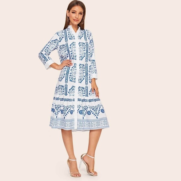 

Tribal Notched Flounce Hem Shirt Dress