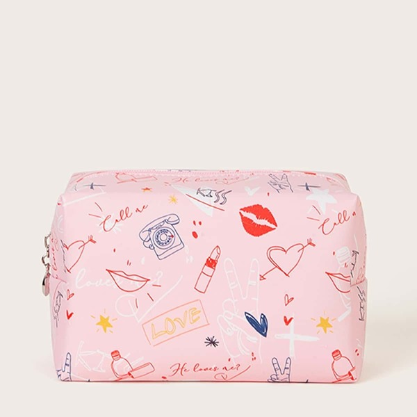 

Heart & Lipstick Pattern Makeup Bag, Pink