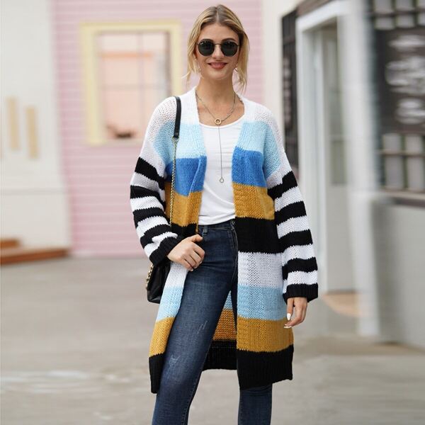 

Colorful Striped Longline Mohair Cardigan, Multicolor