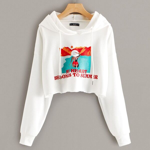 

Graphic Print Raw Hem Hoodie