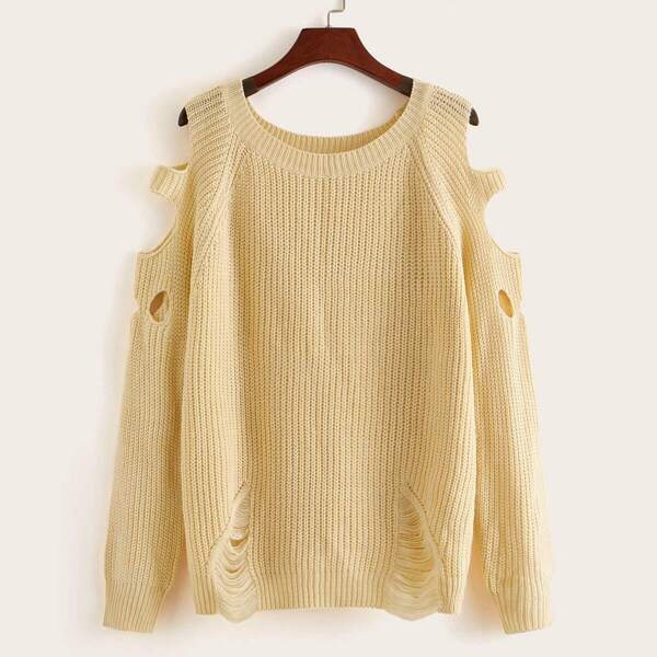 

Solid Cold Shoulder Ripped Sweater, Beige