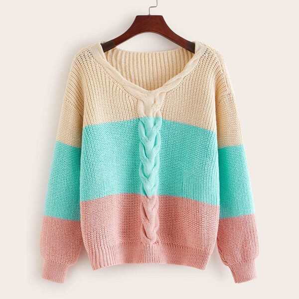 

V-Neck Color-Block Cable Knit Sweater