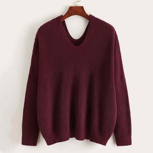 

Solid V-Neck Ribbed Knit Sweater, Burgundy