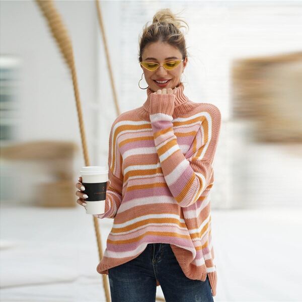 

Colorful Striped Turtleneck Oversized Jumper