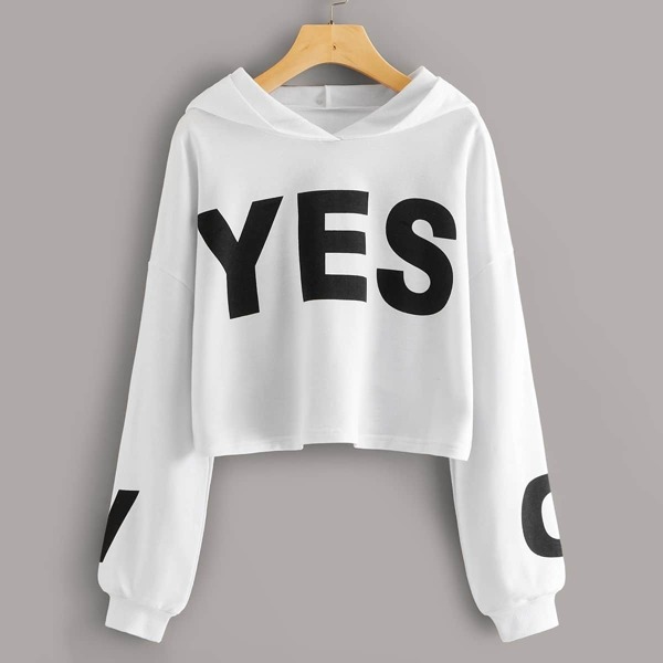 

Letter Print Crop Hooded Sweatshirt, White