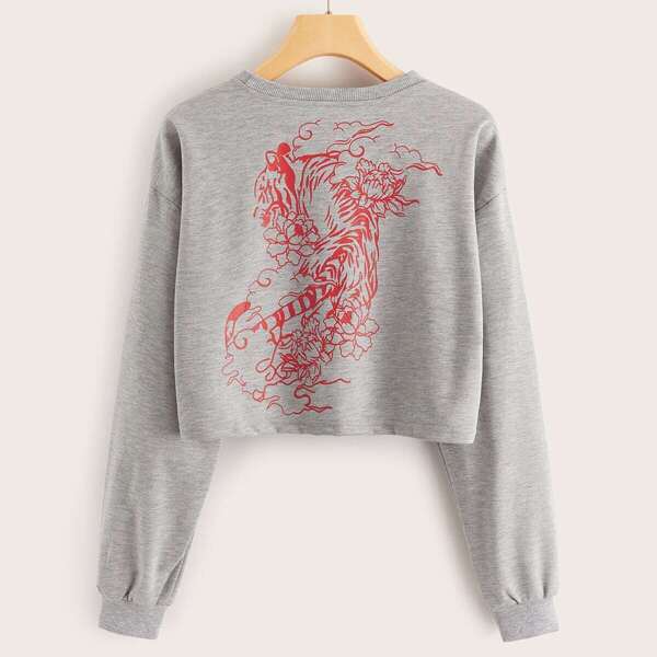 

Tiger & Floral Print Back Crop Sweatshirt, Grey