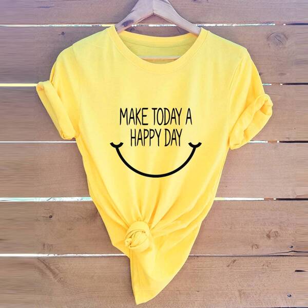 

Slogan Print Round Neck Tee, Yellow
