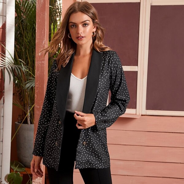 

Shawl Collar Polka Dot Print Blazer, Black
