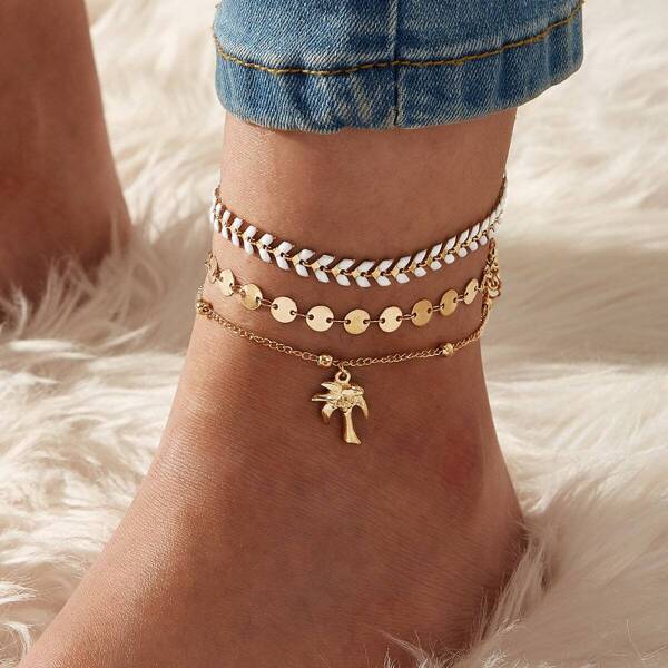 

Coconut Tree & Disc Decor Chain Anklet 3pcs, Gold