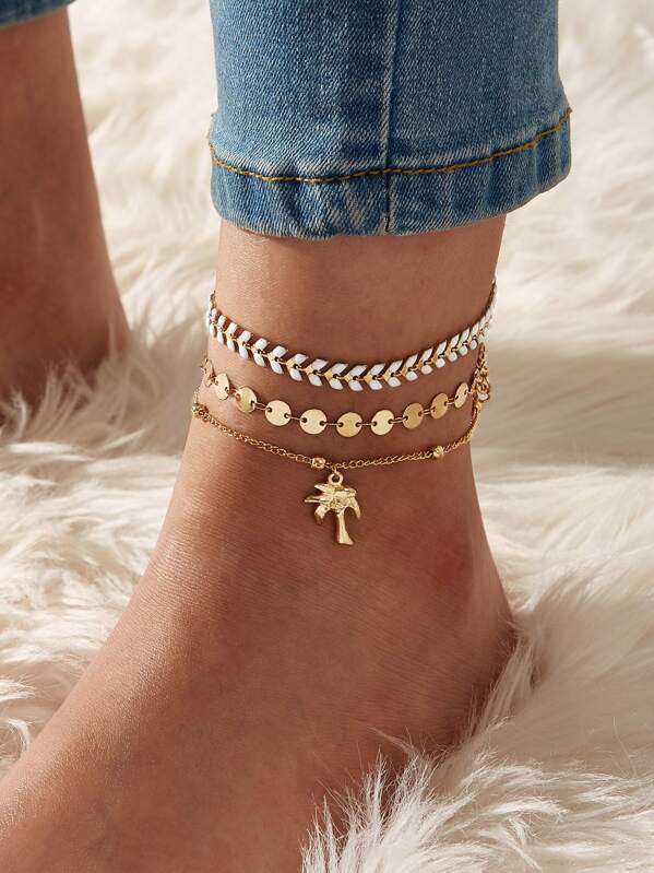 

Coconut Tree & Disc Decor Chain Anklet 3pcs, Gold
