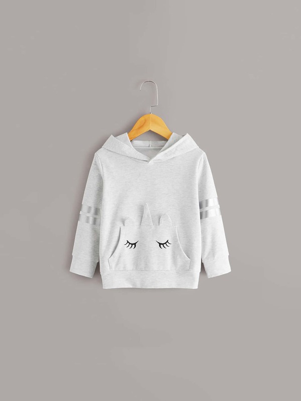 

Toddler Girls Strip Print Kangaroo Pocket Hoodie, Grey