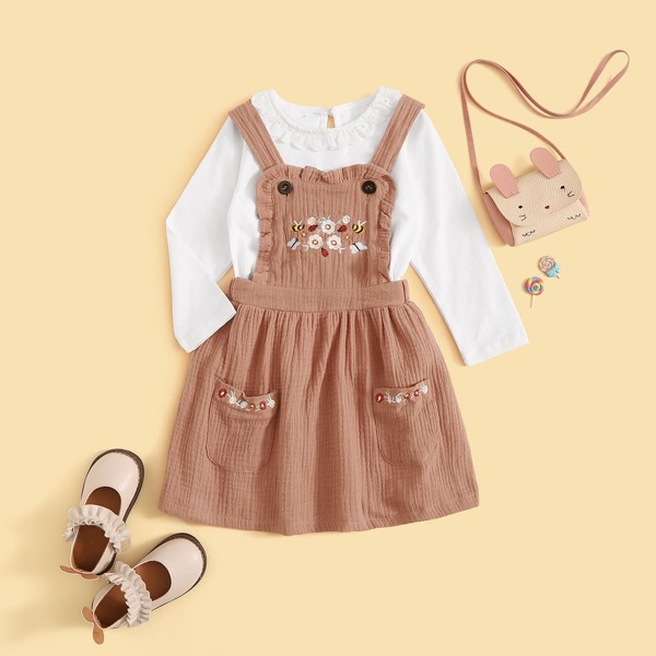 

Toddler Girls Scallop Top With Embroidery Pinafore Dress