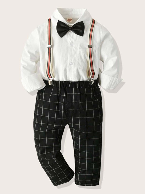 

Toddler Boys Bow Tie Top With Plaid Pants Dress Suit, Black and white
