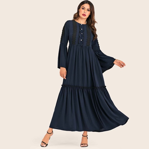 

Lace Panel Flounce Sleeve Ruffle Hem Smock Dress, Navy