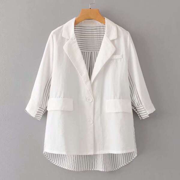 

Double Button High Low Spliced Striped Blazer