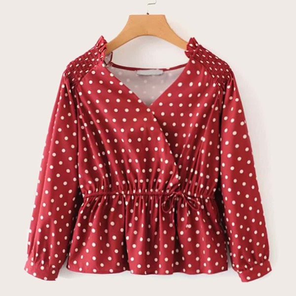 

Polka Dot Surplice V-neck Peplum Blouse, Red