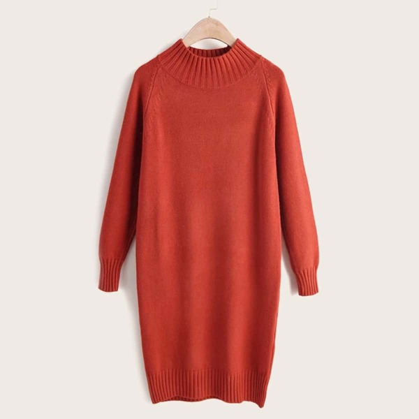 

Rib Knit Trim Raglan Sleeve Sweater Dress, Red