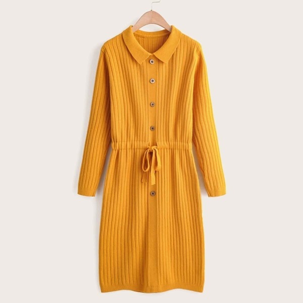 

Button Front Drawstring Waist Rib-knit Sweater Dress, Yellow
