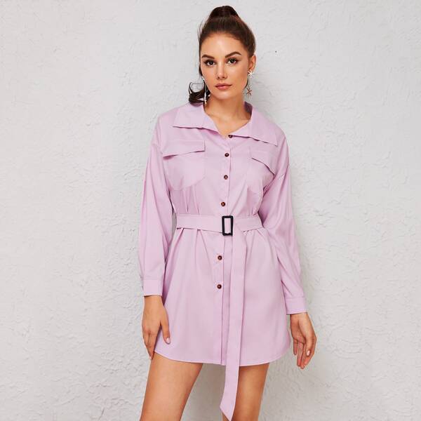 

Flap Pocket Button Through Belted Shirt Dress