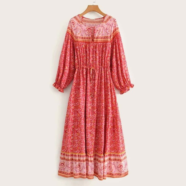 

Aztec Print Keyhole Neck Drawstring Waist A-line Dress