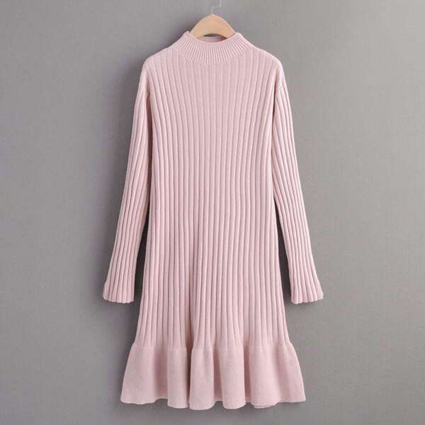 

Stand Collar Ruffle Hem Rib-knit Sweater Dress
