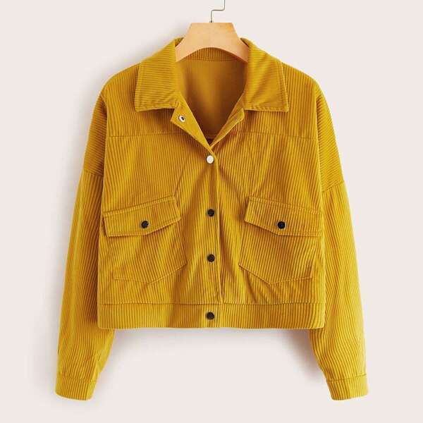 

Corduroy Flap Pocket Button Front Jacket, Yellow