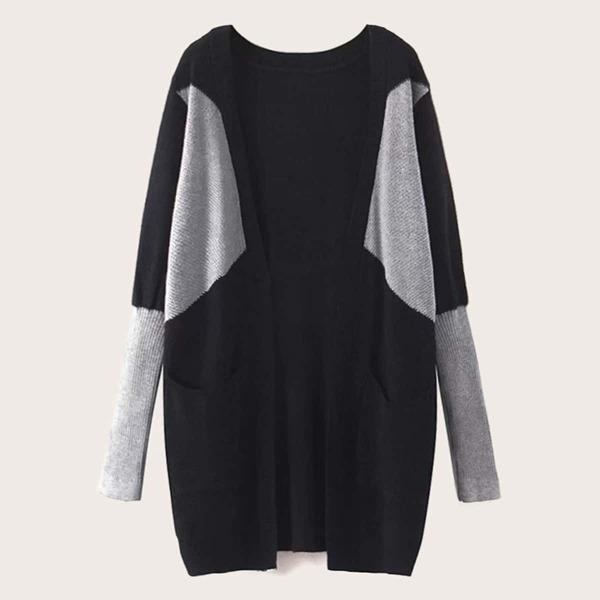 

Contrast Panel Dual Pockets Cardigan, Black