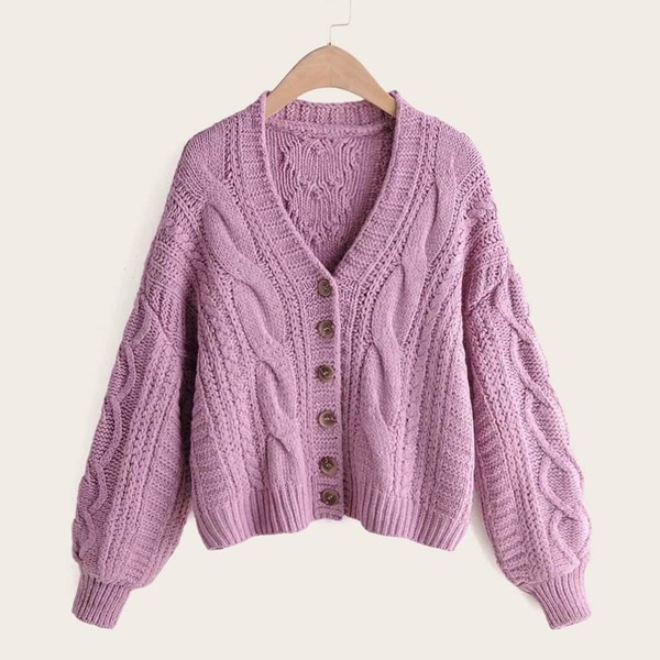 

Balloon Sleeve Button Front Cable Knit Cardigan, Purple