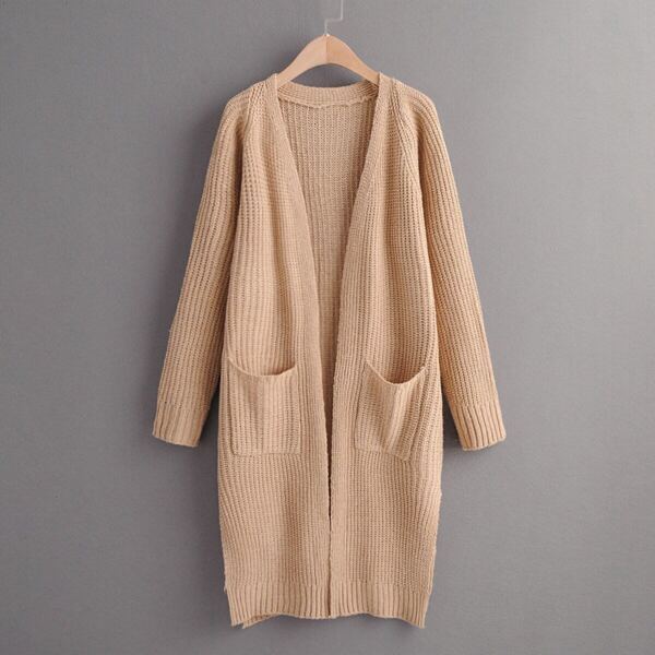 

Dual Pockets Slit Hem Ribbed Knit Cardigan